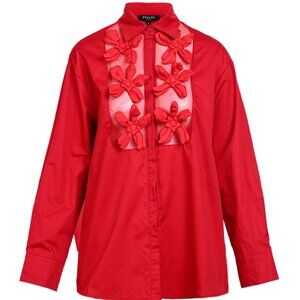 Solid & Mesh Combo Floral Applique Blouse in Red